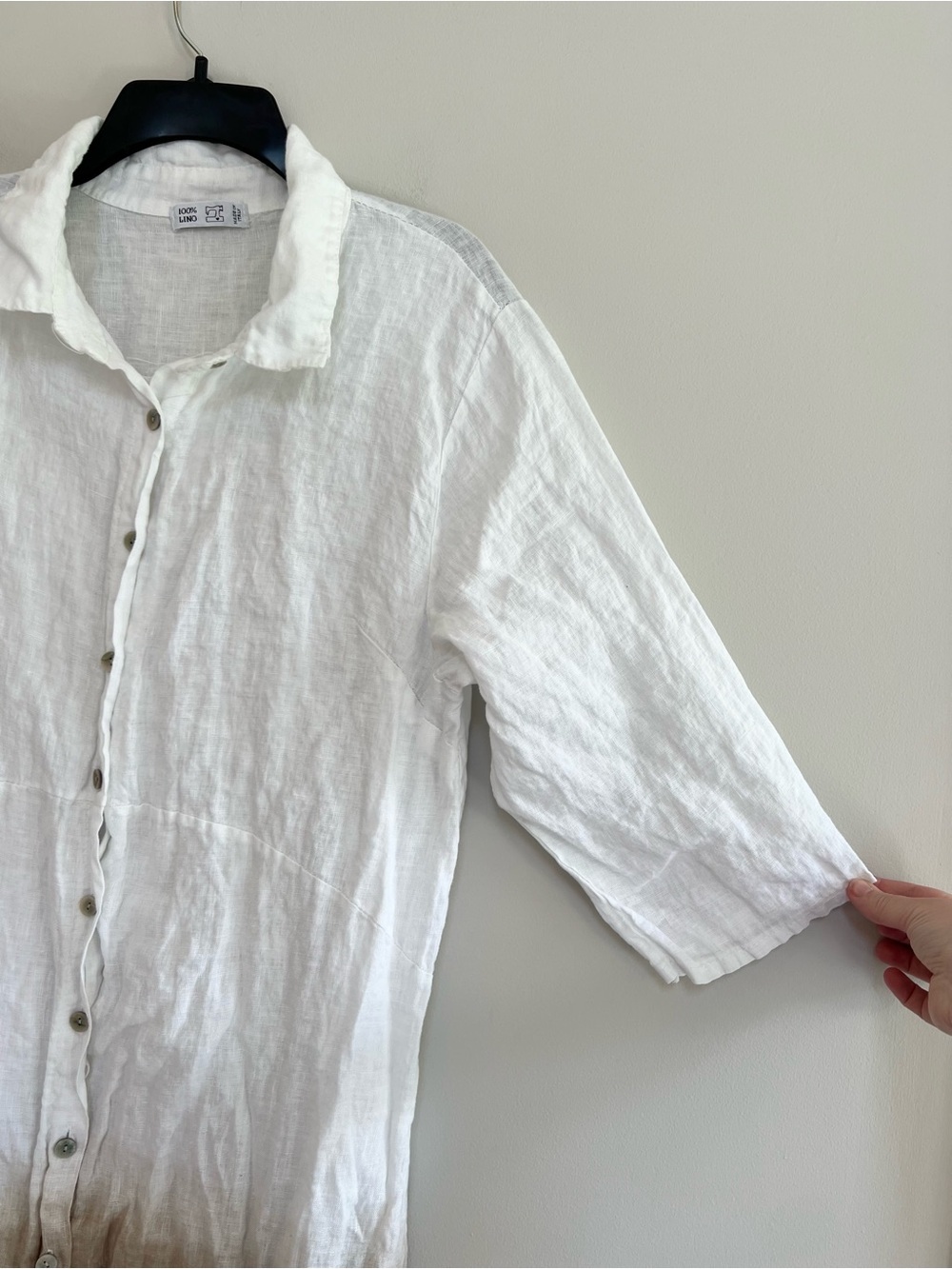 Italian 100% Linen Long 3/4 Sleeve White Brown Ombre Button-Down Shirt Dress, L - Picture 5 of 9